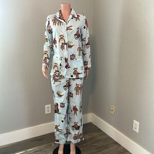 Nick & Nora Flannel Pajamas Womens SMALL Sock Monkey Bowling Lounge Set #105